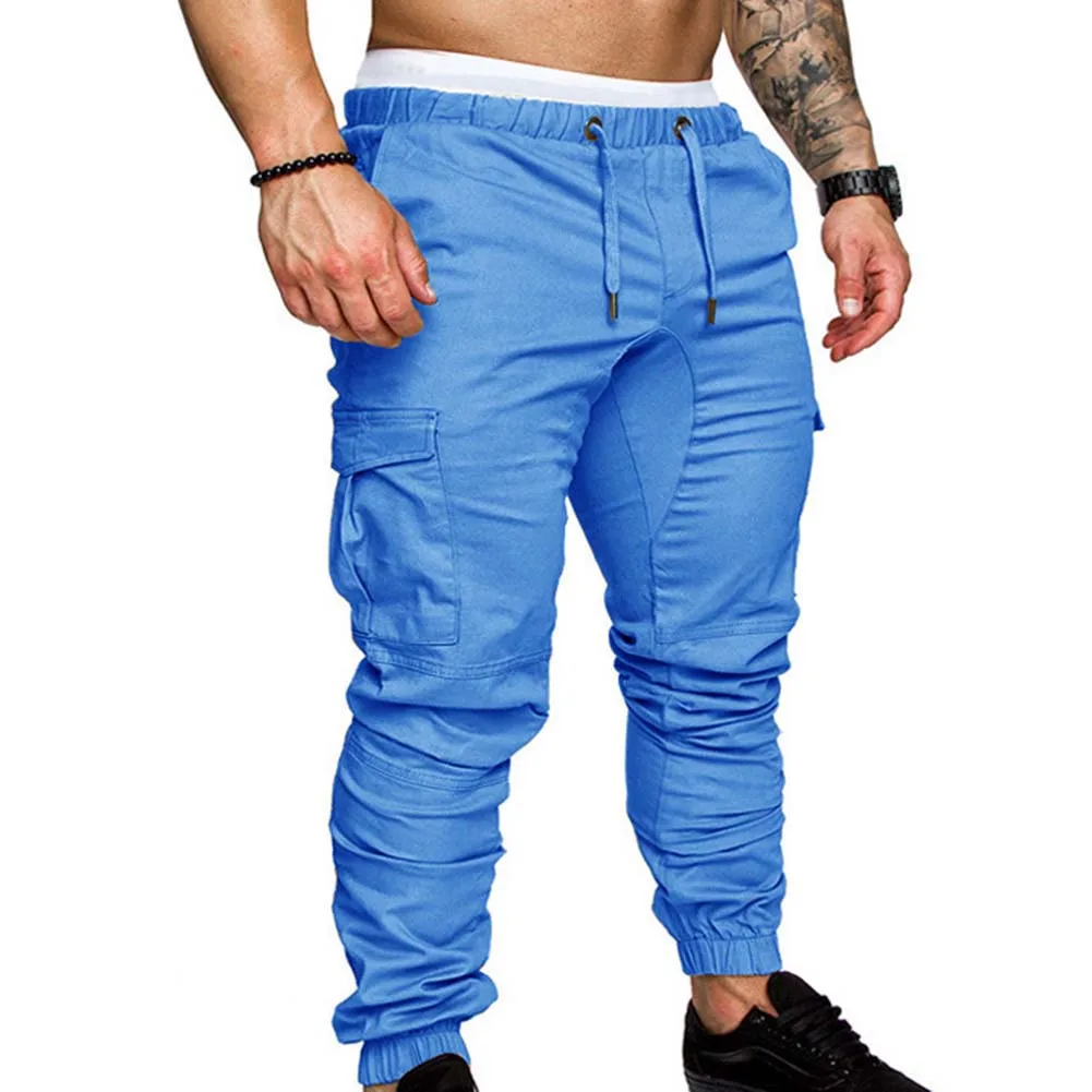 Men Casual Pants Plus Size Men Solid Color Multi Pocket Drawstring Ankle Tie Cargo Pants Trousers Summer Hottest Weight Pants