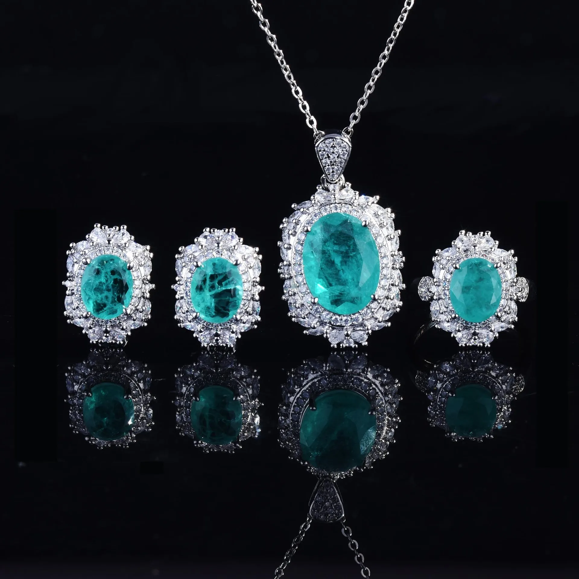 S925 Sterling Silver Ring Stud Earrings Necklace Women Luxury Micro Set High Carbon Diamond Colored Treasure Set