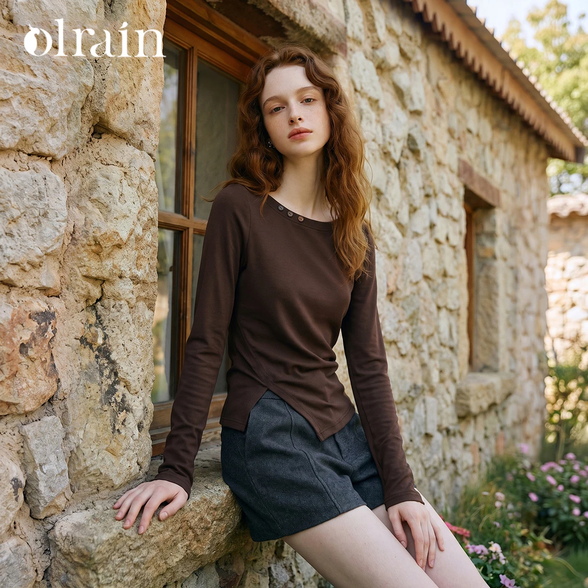 OLrain Women Long Sleeve Shirts French Style Round Neck 2026 Autumn Side Slit Hem Casual Office Commuter Knit Blouse O58QT008568