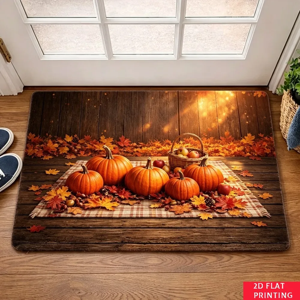 Autumn Pumpkin Wooden Porch Mat Orange Gourd Maple Leaf Apple Basket Print Non Slip Outdoor Entrance Rug For Fall Season Home