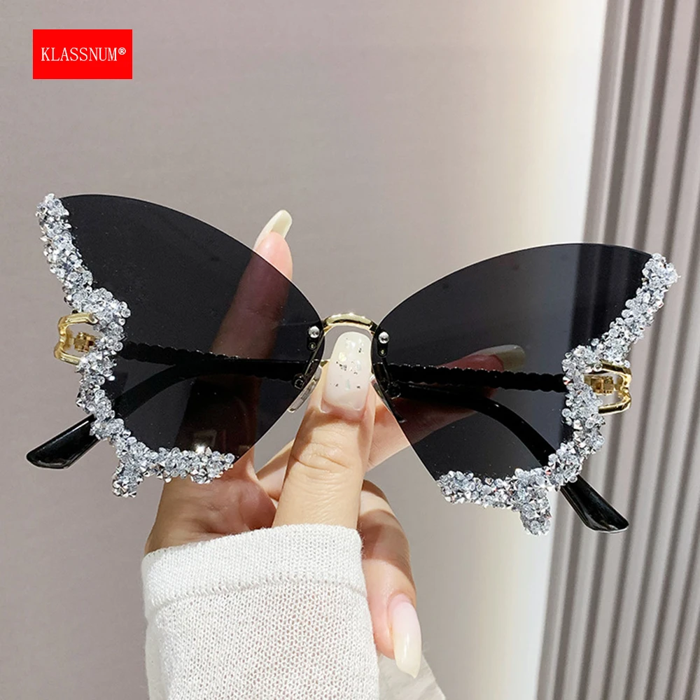 KLASSNUM damskie Rhinestone motylkowe okulary przeciwsłoneczne UV400 okulary przeciwsłoneczne Vintage duże 2023 modne okulary na imprezę