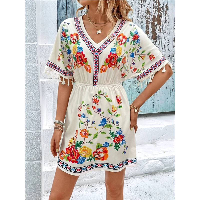 【SEE】Abito messicano ricamato da festa per donna Abiti boho estivi a maniche corte taglie forti con tasca