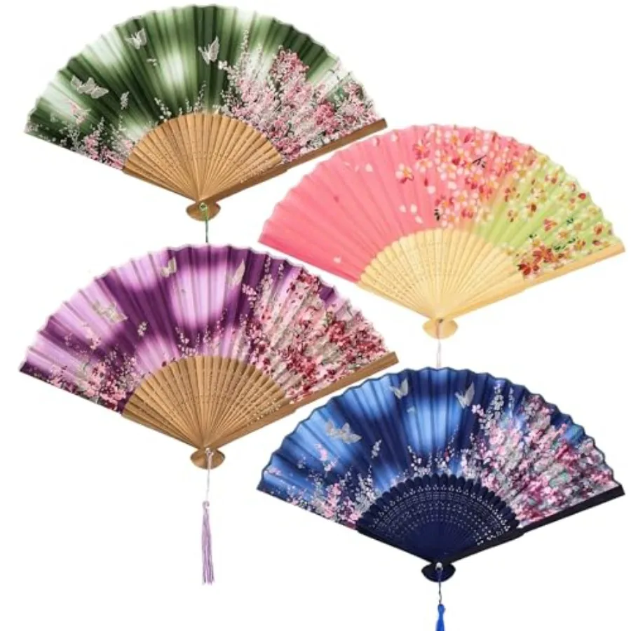 

4 Pcs Floral Fabric Folding Fans with Tassel Elegant Wedding Fans for Guests, Chinese Folding Fan, Japanese Handheld Fan, Asian