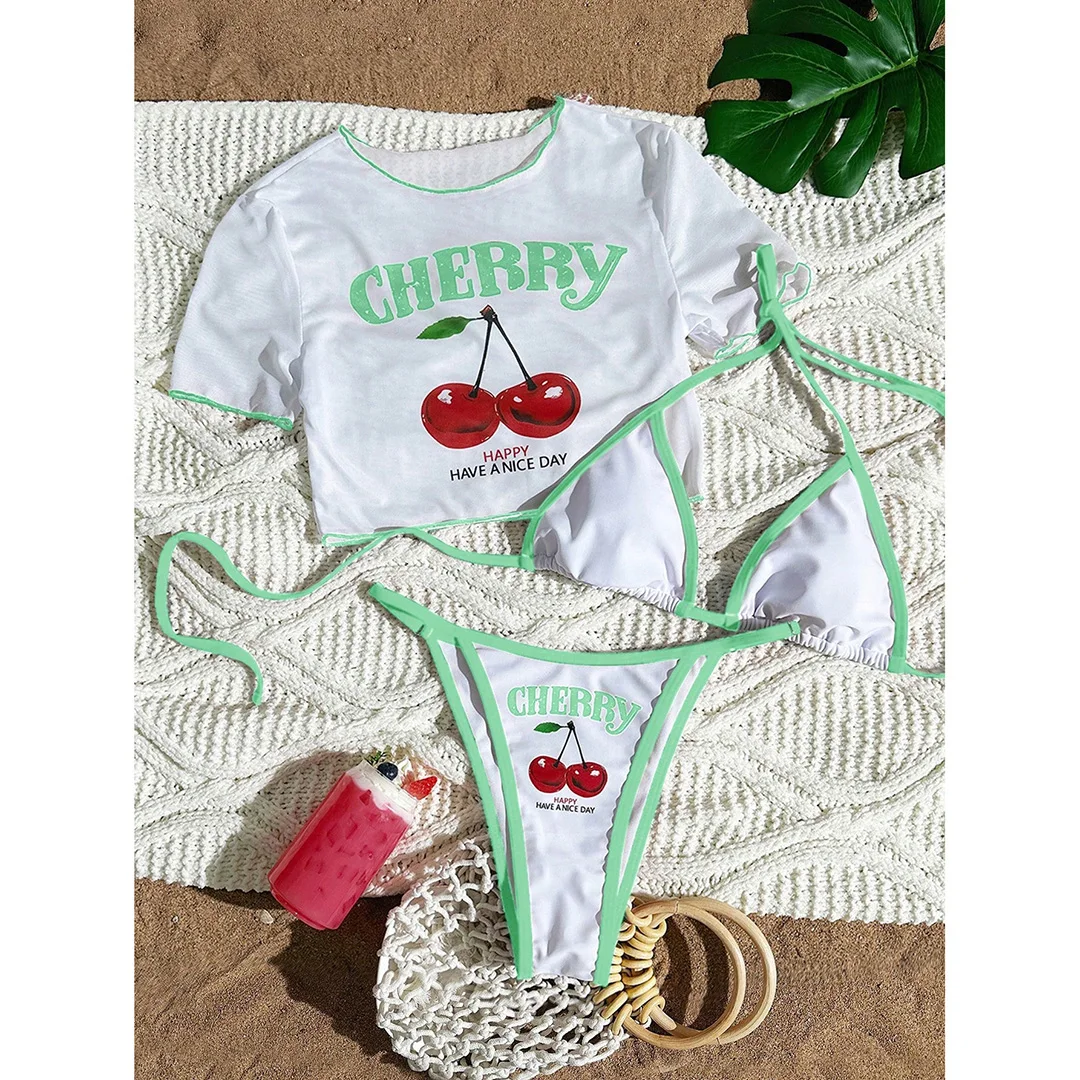 S - XL, 13 Farben, bedrucktes, dreiteiliges Bikini-Set, Bikini mit kurzen Ärmeln, Damen-Badeanzug, Damen-Badebekleidung, Badeanzug, Badebekleidung, Modell V6854G. – Detail 24