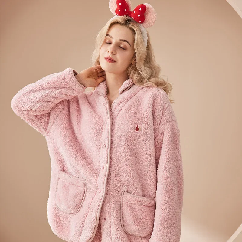 

Cardigan Stand Collar Flannel Women's Pajamas Solid Color Fresh Coral Velvet Housewear Suit Autumn and Winter Warm Pajamas Set