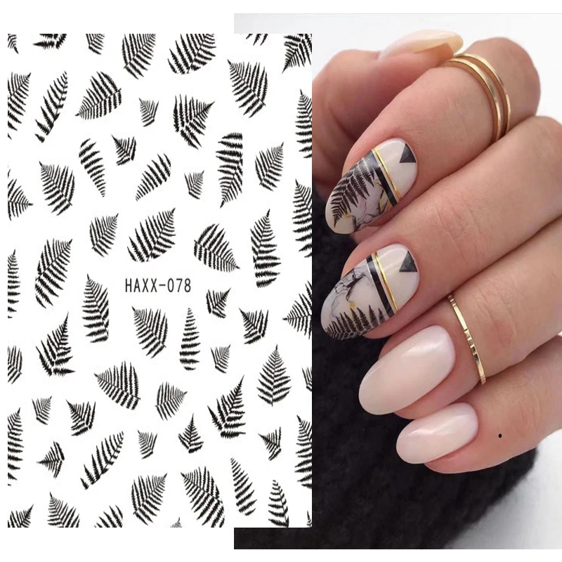 3D Back Glue Nail Stickers Black White Flowers Leaves Totem Slider Nail Art Decoration Beauty Nail Art Decals