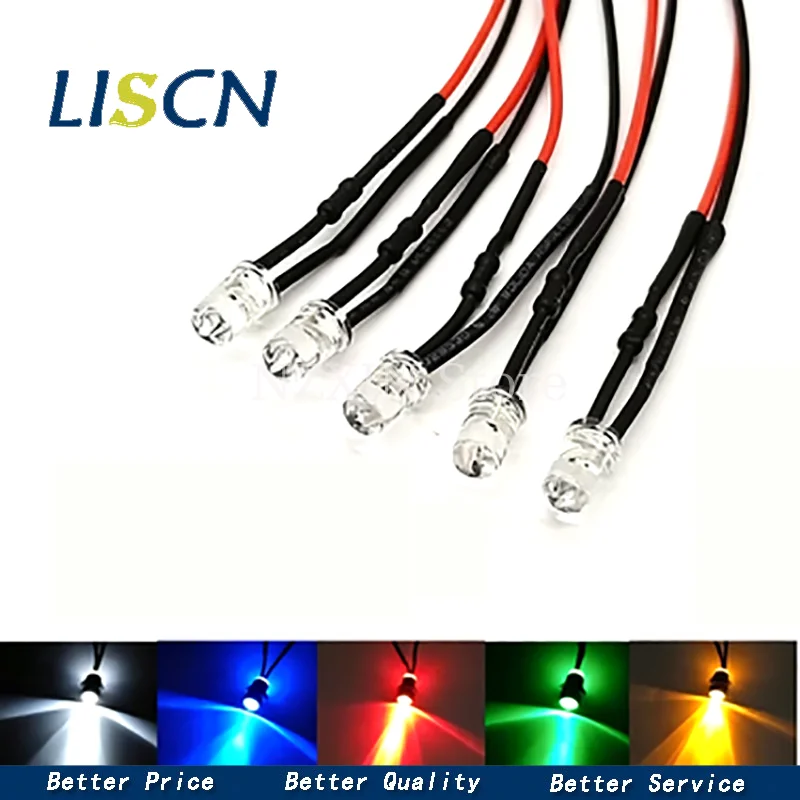 10PCS 3V/6V/12V/24V with wire light emitting tube 5mm lamp bead welding wire LED light emitting diode 12 volt line length 20CM