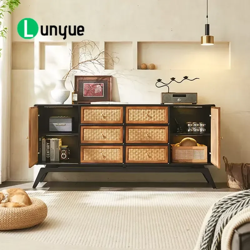 Modern Solid Wood Hand Woven Rattan Side Cabinet Durable Dining Storage Locker for Villa Living Room Furniture