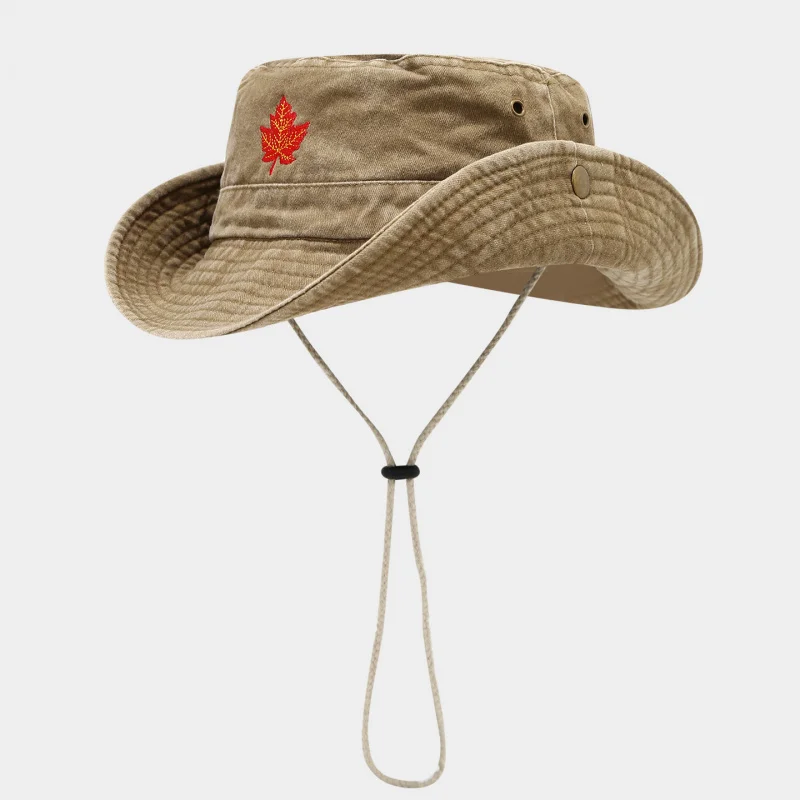 Men Vintage Maple Leaf Embroidered Bucket Hat Washed Cotton Boonie Hat with Chin Strap