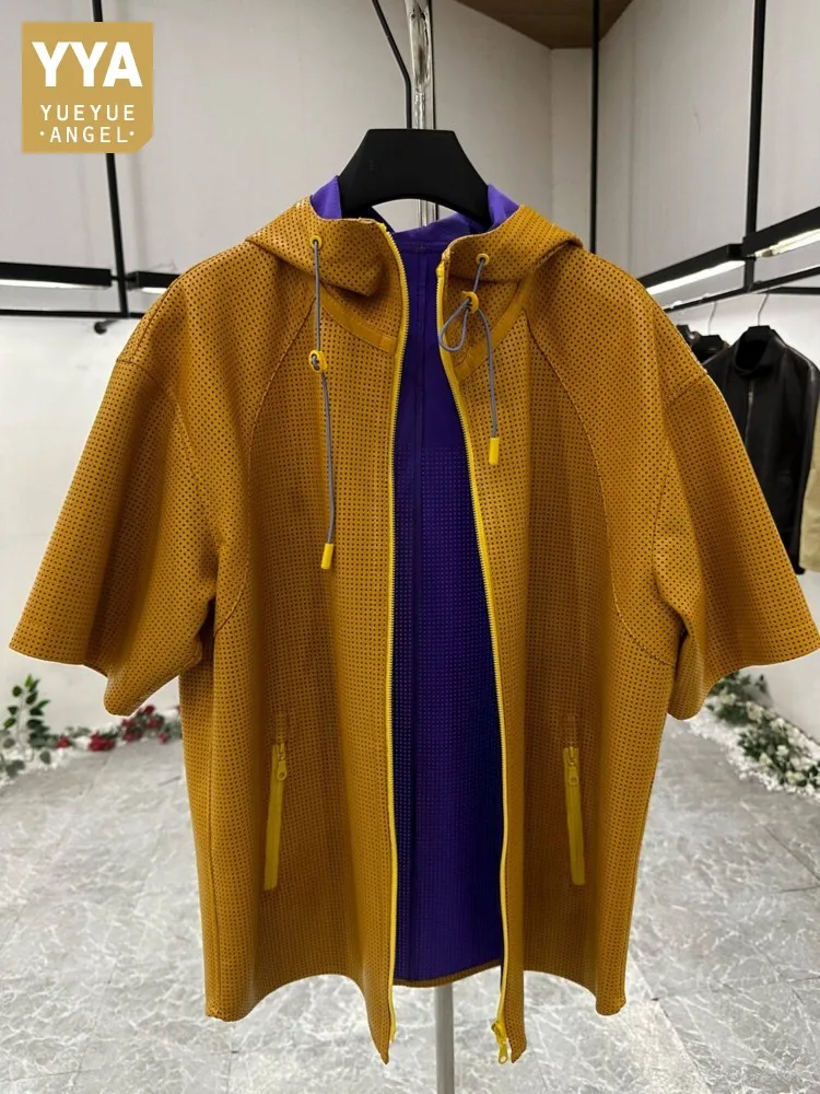 

Mens Genuine Leather Jacket Summer Short Sleeve Breathable Loose Fit Hooded Top Hip Hop High Quality Casual Real Sheepskin Coat