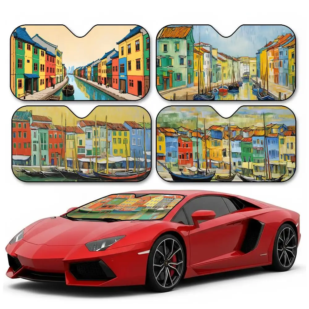 

1P-Copenhagen Colorful Houses Sun Visor Aluminum Foil Windshield Sunshade, UV Protection Heat Insulation Reusable