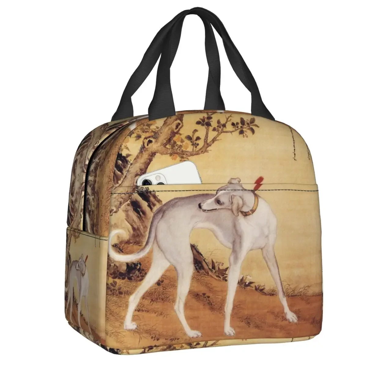 

Chinese Style Painting Greyhound Art Insulated Lunch Bags Women Whippet Sighthound Dog Lunch Tote for Outdoor Picnic Food Box