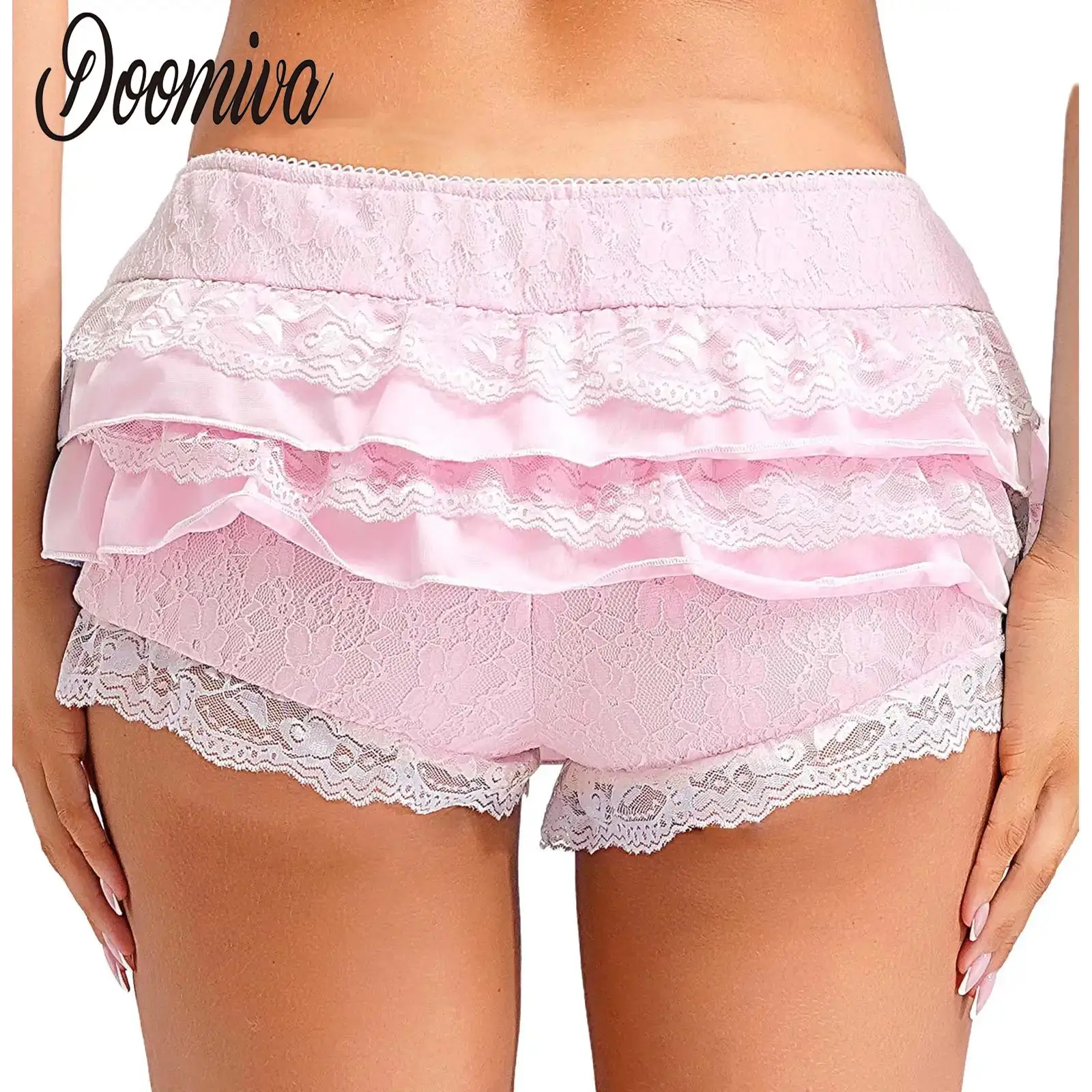 

Women Y2K Sweet Layers Lace Mini Shorts Lolita Bloomers Lace Low Waist Tiered Ruffle Shorts Hot Pants Cute Frilly Pettipants
