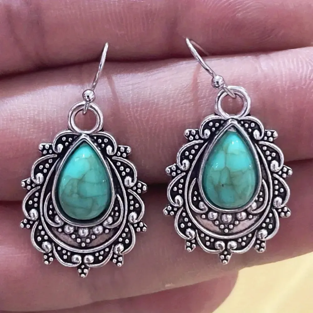 Bohemian Retro Sliver Color Filigree Synthetic Crack Turquoise Waterdrop Dangle Earrings for Women Ethnic Vacation Jewelry Gifts