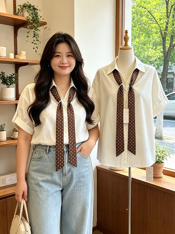 

Summer 2026 plus Size Women's Shirt V-Neck Polka Dot Scarf Short Sleeve Versatile Unique Top Korean Style Commute Fashion