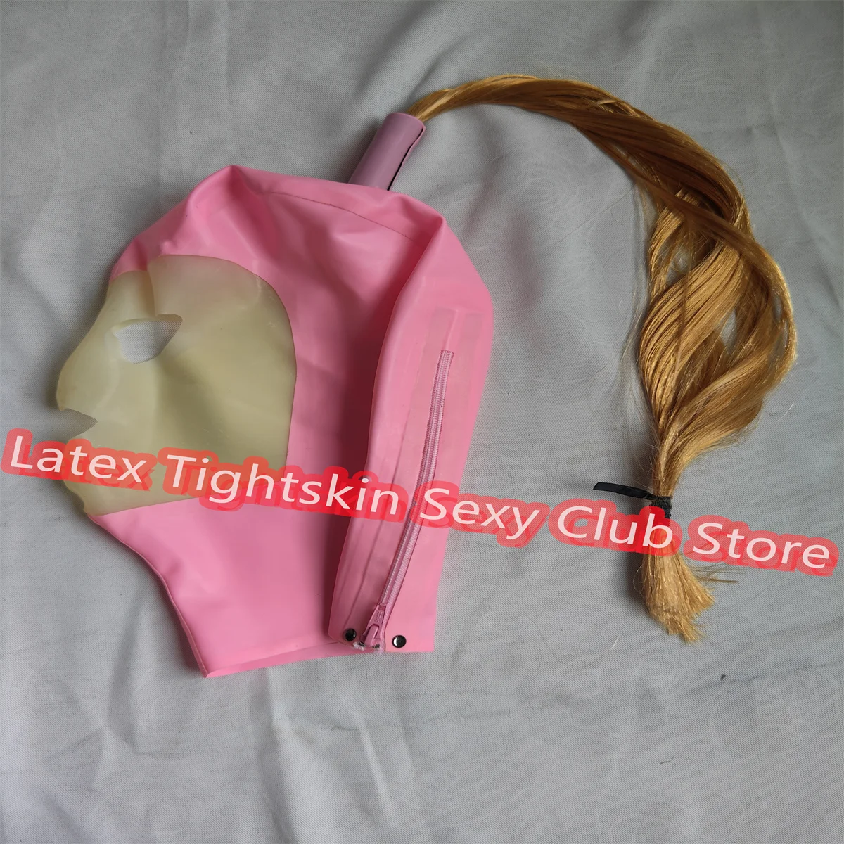 

Female Latex Mask Rubber Hood Pink with Transparent Wig Cosplay Party Mask with Back Zipper for Women