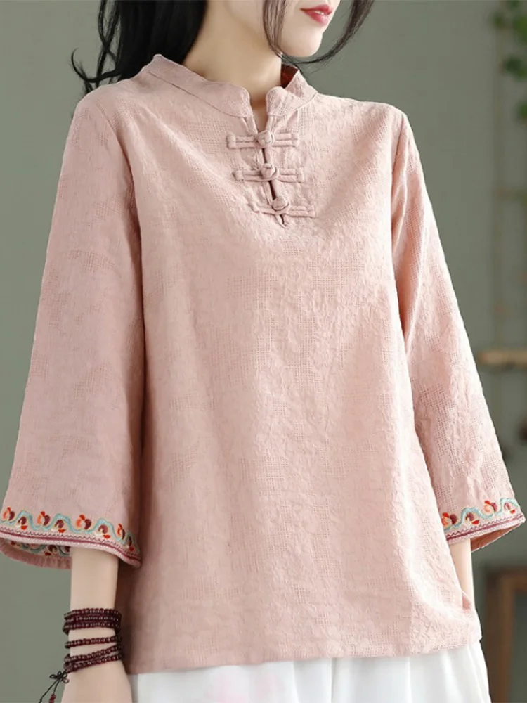 

Высококачественный брендовый женский хлопково-льняной топ с вышивкой и пуговицами, свободный крой Seven-Quarter Sve Top для поездок на работу