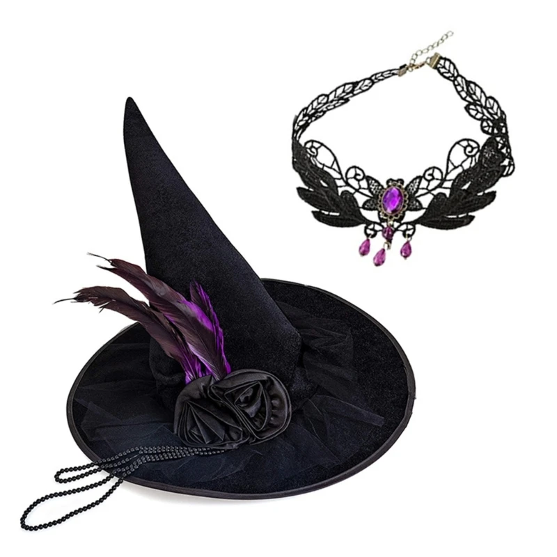 Witch Hat and Rhinestones Necklace Set Women's Halloween Hat Roses Decoration Hat for Themed Parties and Celebrations