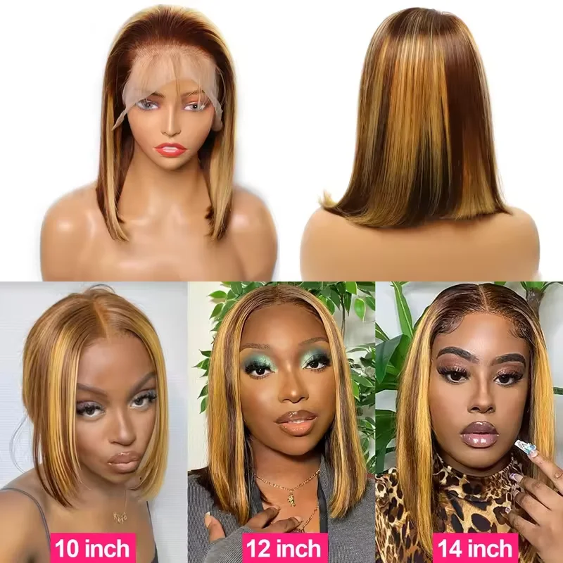 4/27 Highlight Bob Wigs Straight Lace Front Wig Human Hair Ombre Frontal Bob Wig Human Hair gluelss wear to go Ombre Brown Wig 1