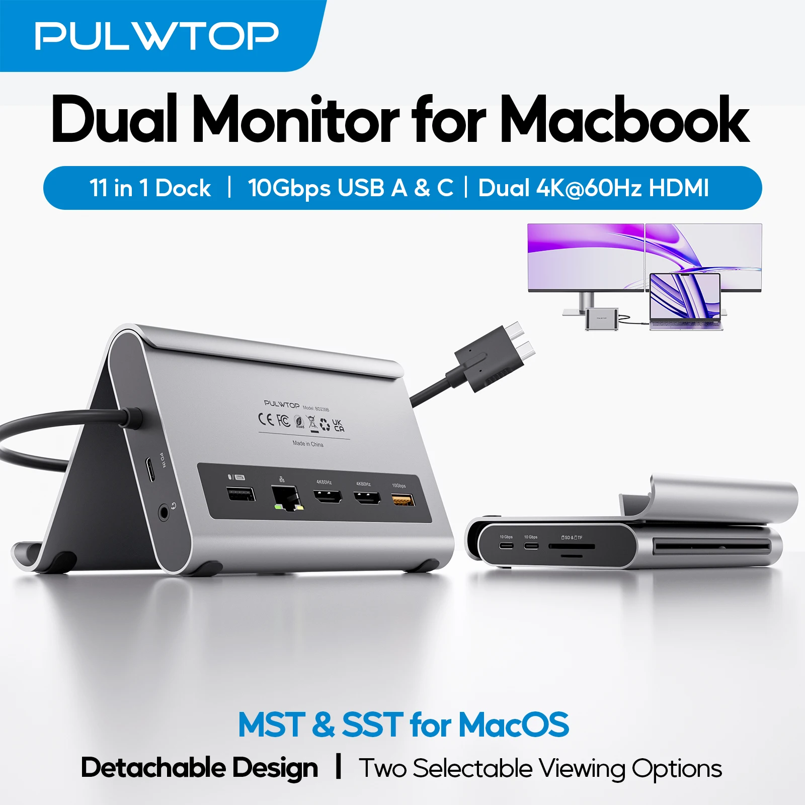 

Док-станция PULWTOP 11 в 1, док-станция для ноутбука с 2 HDMI, PD, Ethernet, USB-A/C 10 Гбит/с, для MacBook Pro/Air M3 Pro/M4