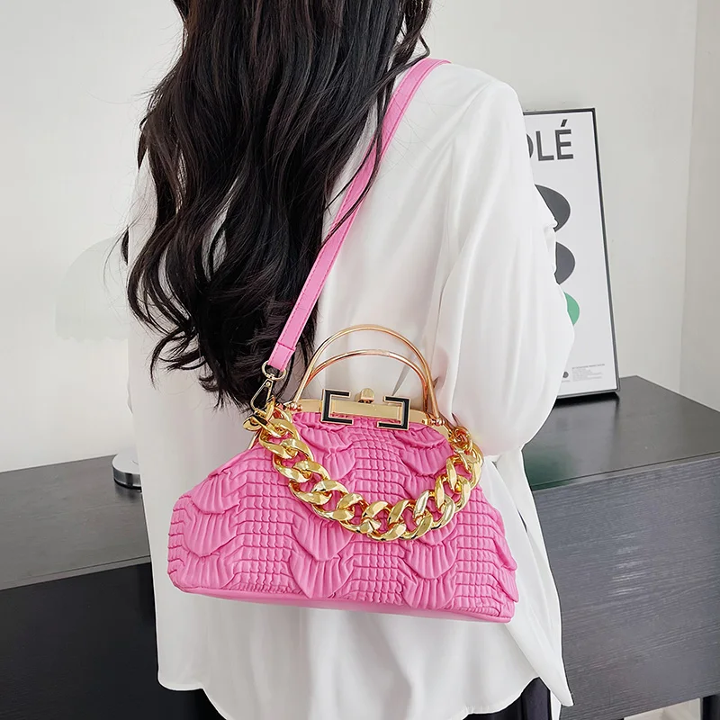 Elegant Women Shoulder Bags Gold Thick Chain Crossbody Bags Femme Hobos PU Leather Pleat Handbags Designer Lady Evening Clutch