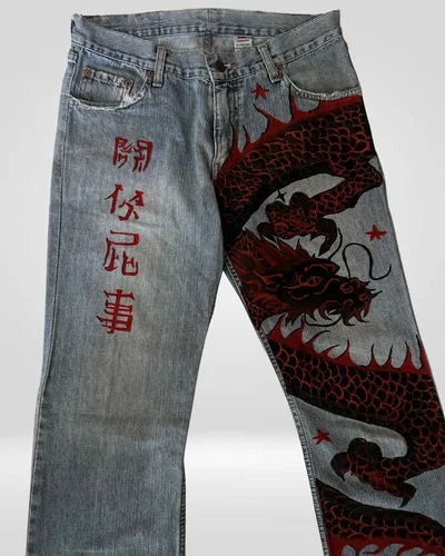 Imagen 2 del producto Y2K-pantalones vaqueros de cintura alta con grafiti de dragón para mujer, pantalones vaqueros con caracteres chinos, ropa informal estilo Hip hop, pantalones con diseño de pierna ancha