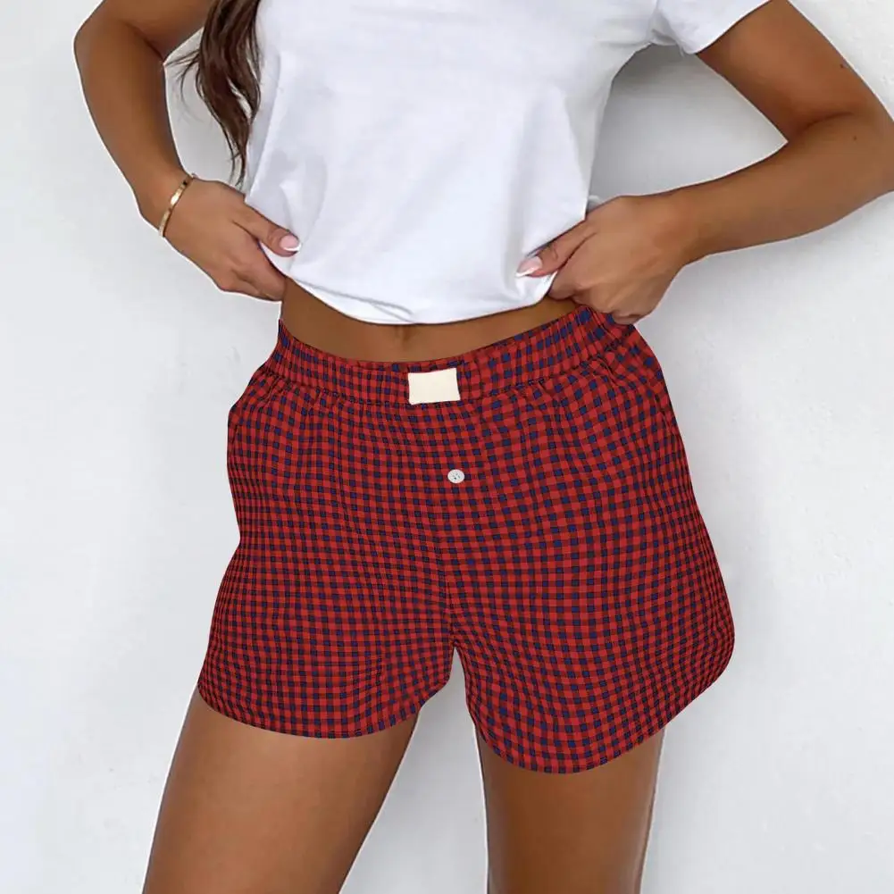 

Sport Shorts Plaid Print High Waist Women's Shorts with Side Pockets for Daily Casual Wear Vacation Retro Style Above Knee