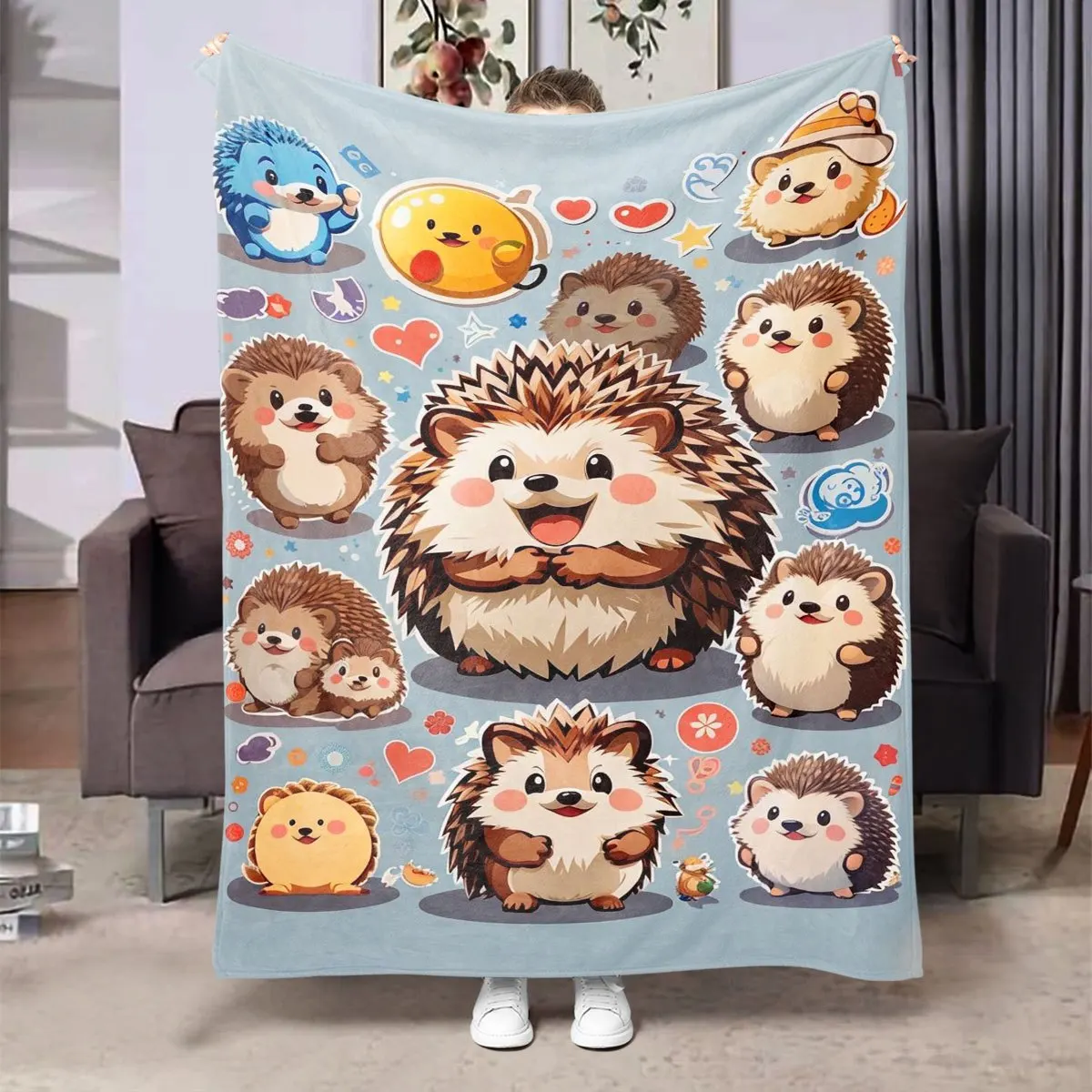 Cartoon hedgehog and heart pattern Flannel printed blanket suitable for all seasons suitable for living room office sofa travel