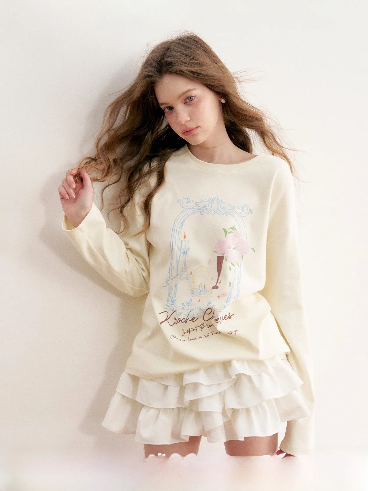 

Kroche Dopane Cotton Hand-Dn Rose Pearl Pattern Loose round Ne T-irt Women's Casual Sle Spring Long Sve Top