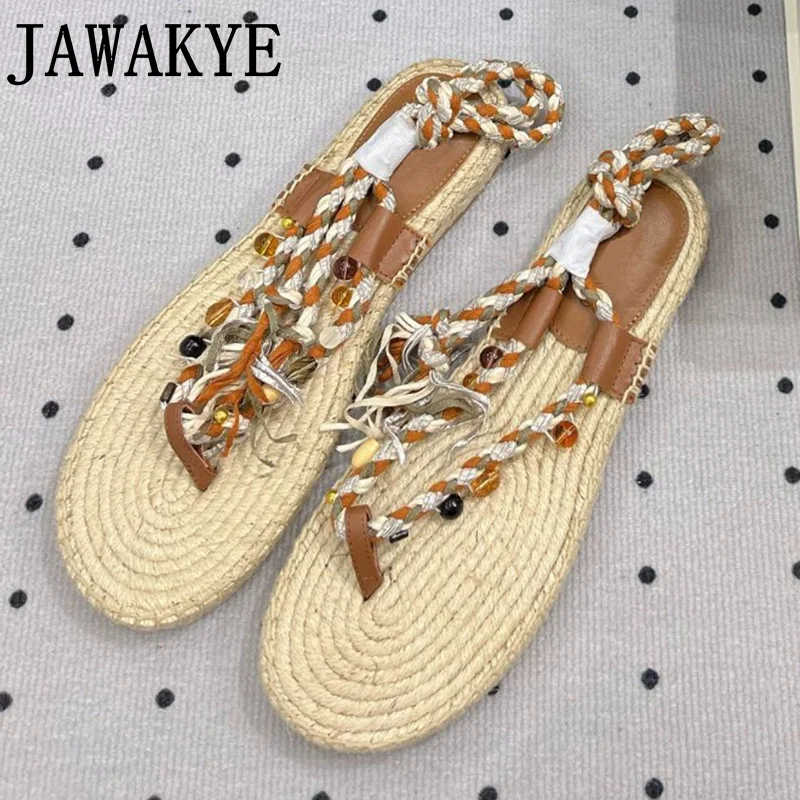 

Brand New Hemp Flip Flops Sandals For Women Lace Up Grass Woven Shoe sole Flats Casual Gladiator Sandals For Women