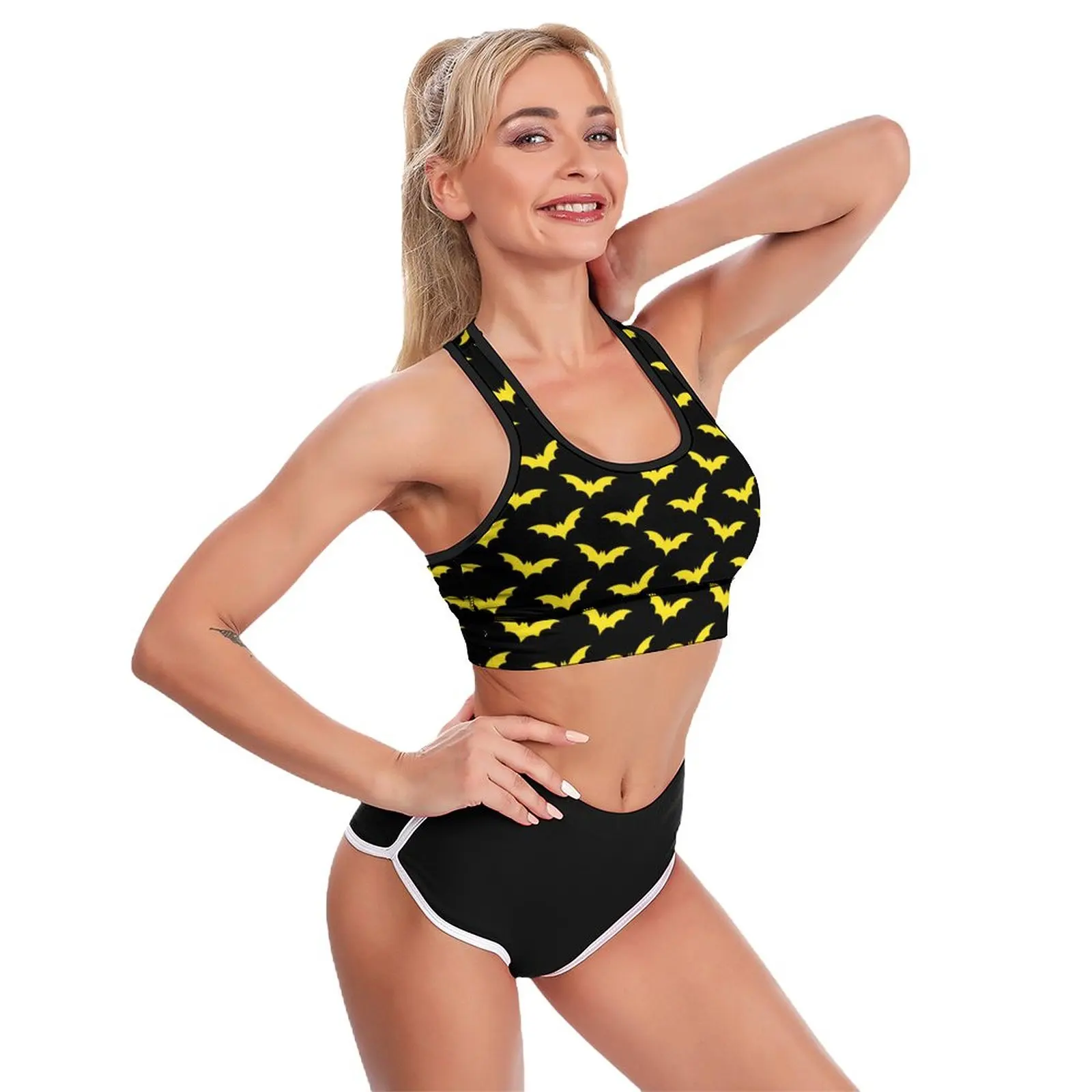 Halloween Sport Bra U Neck Black and Yellow Bats Padded Gym Raceback Crop Bras Gathering Fitness Top for Girls