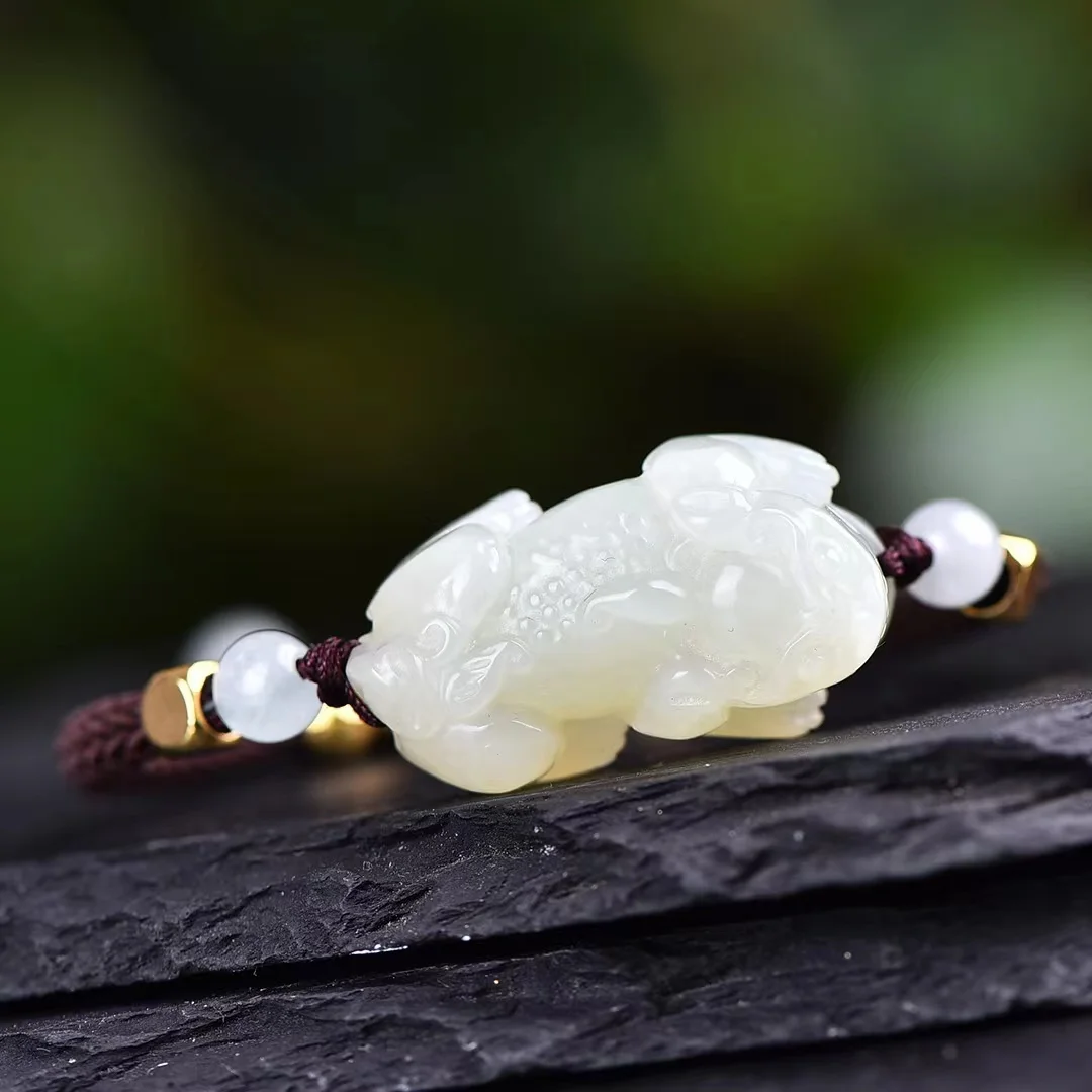 

Natural Hotan White Jade Golden Toad Lucky Pixiu Bracelet Jewelry 1670#