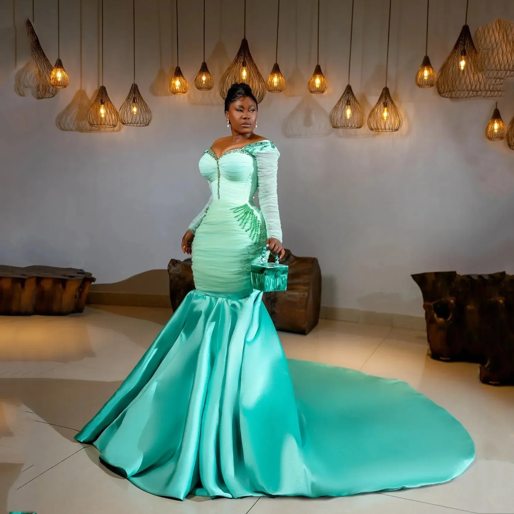 2026 Aqua Blue Mermaid Prom Dress V Neck Beaded Evening Gown with Sleeves Satin Illusion Fabric for Special Occasions Aso Ebi