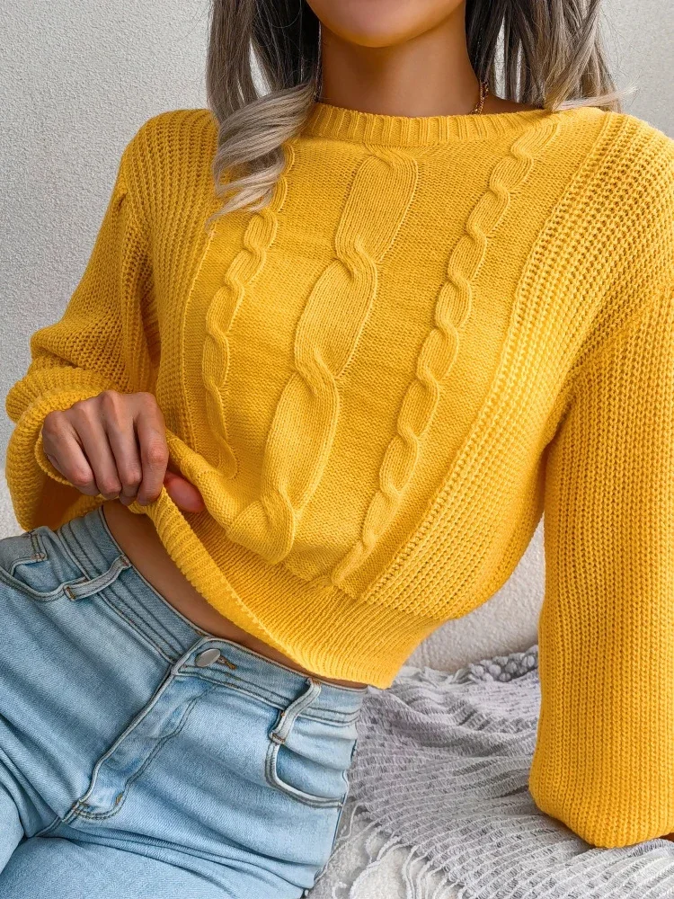 Cropped Sweater Women Autumn Winter Yellow O-neck Knitted Pullovers Lantern Sleeve Jumpers Warm Loose Casual Sweaters