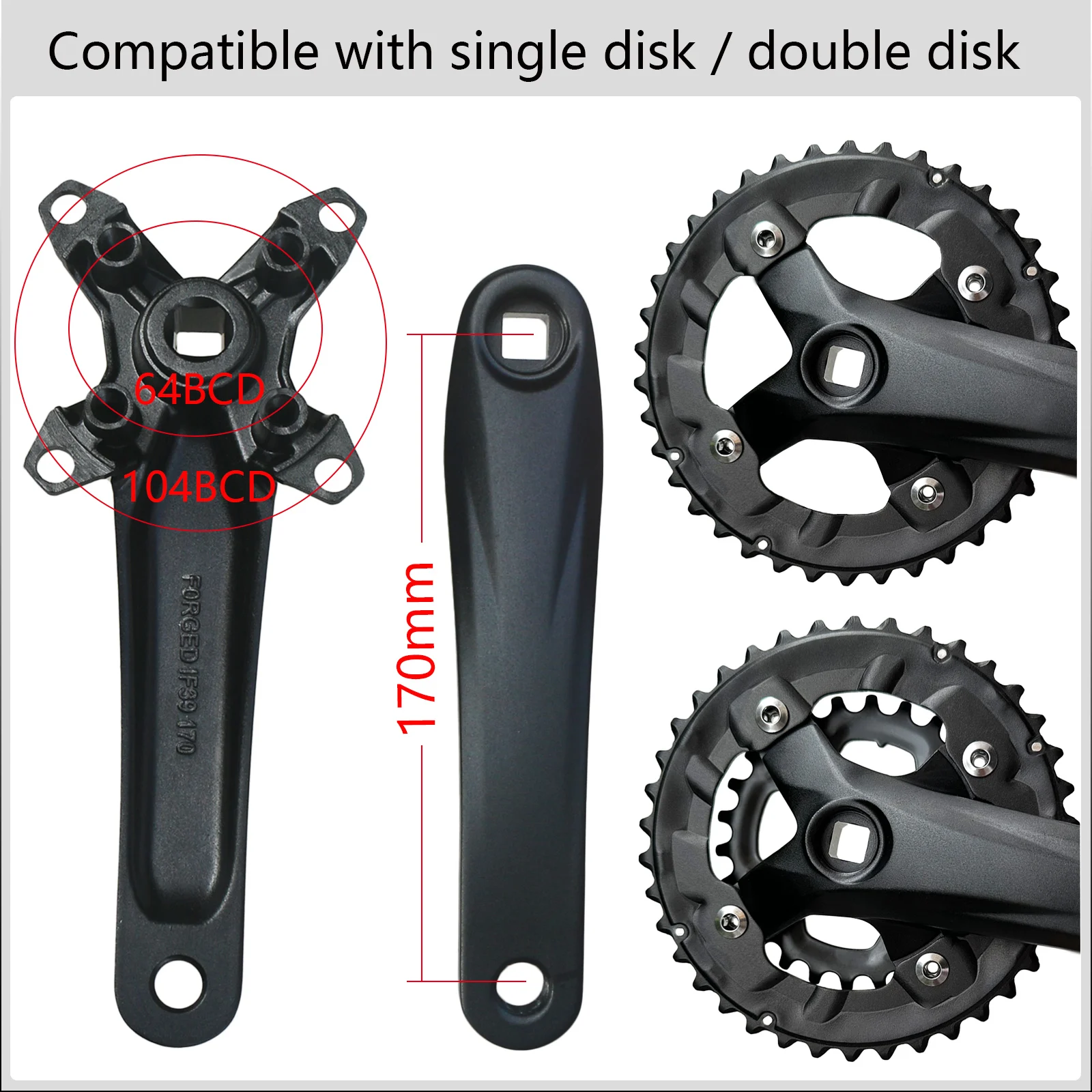 170mm Mountain Bike Crankset Square Hole Crank 2*10S 10 Speed 64/104BCD 26T 28T 36T 38T Bicycle Chainring Double/Triple Sprock