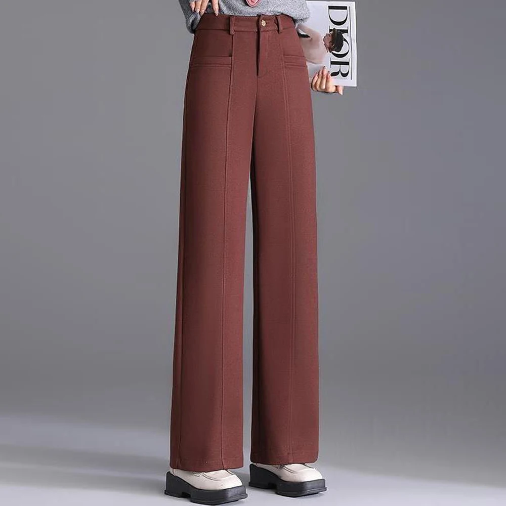 

Angola Red Wide Leg Pants Women's Autumn and Winter New High end Fashion Large Size Elastic Waist Casual Straight Leg Pants
