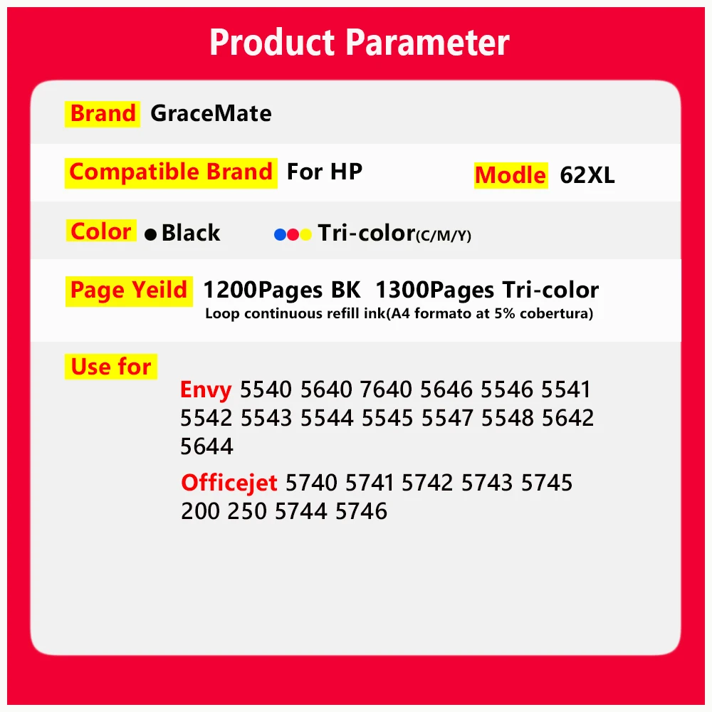 Hp officejet、62 xl、200、200c、250、250c、258、5740、5742、5745、5746、8040、8045、8000用の交換用インクカートリッジ