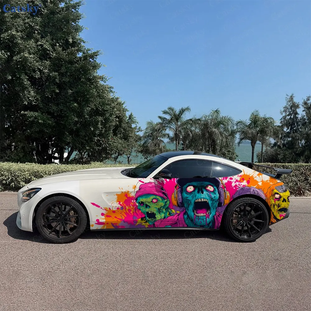 

Colorful Funny Skull Splash Car Side Wraps, Self-Adhesive PVC Waterproof & Scratch-Resistant Stickers, Car Accessory Gift