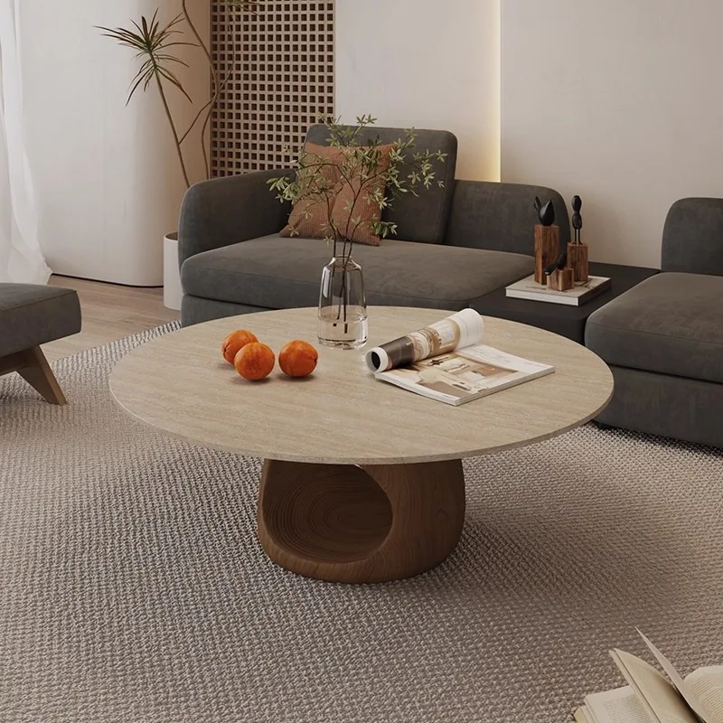 Cave stone pattern solid wood coffee table round hollow design household living room simple high-end tea table
