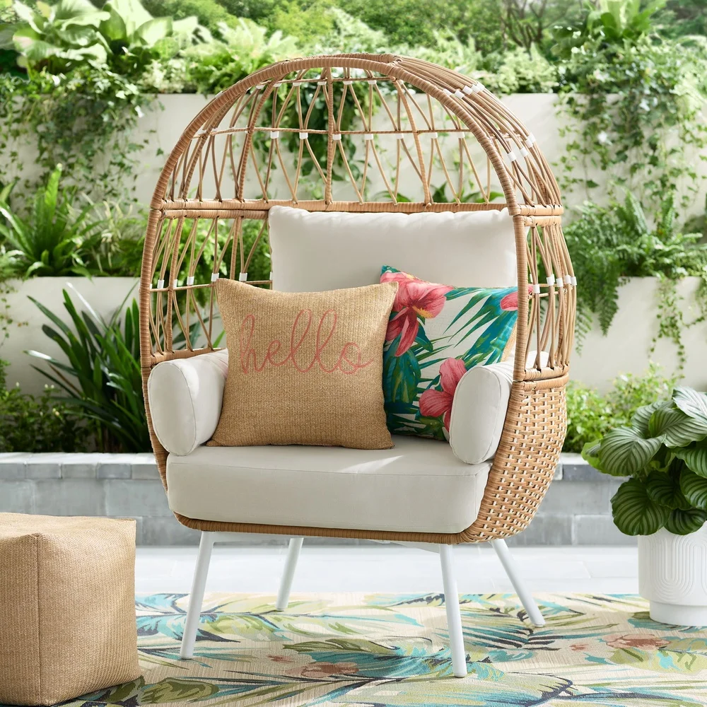 

Outdoor Wicker Egg Chair with Plush Cushions Rust Resistant Frame Patio Garden Deep Seating Easy Clean Assembly Required