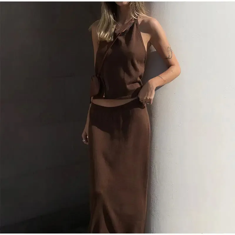 

Elegant Brown Knit Vest Skirt Women Set Lace Up Backless Sleeveelss Crop Top Casual Skirts 2025 Spring Summer Lady Outfit