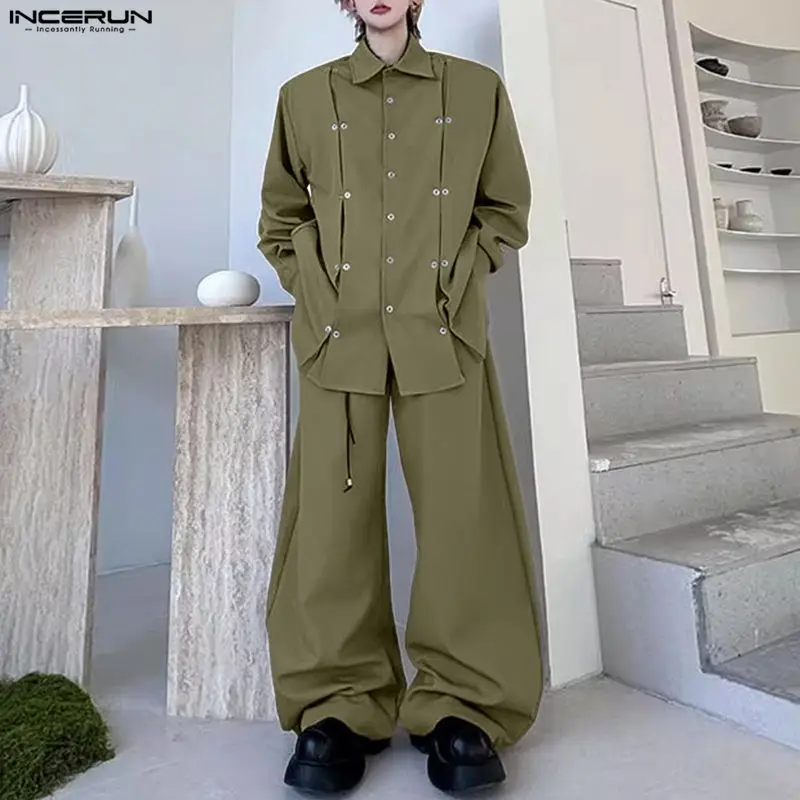INCERUN Men Sets Solid Color Lapel Long Sleeve Shirt & Pants Two Pieces Sets Streetwear Loose Fashion Men's Casual Suits S-5XL