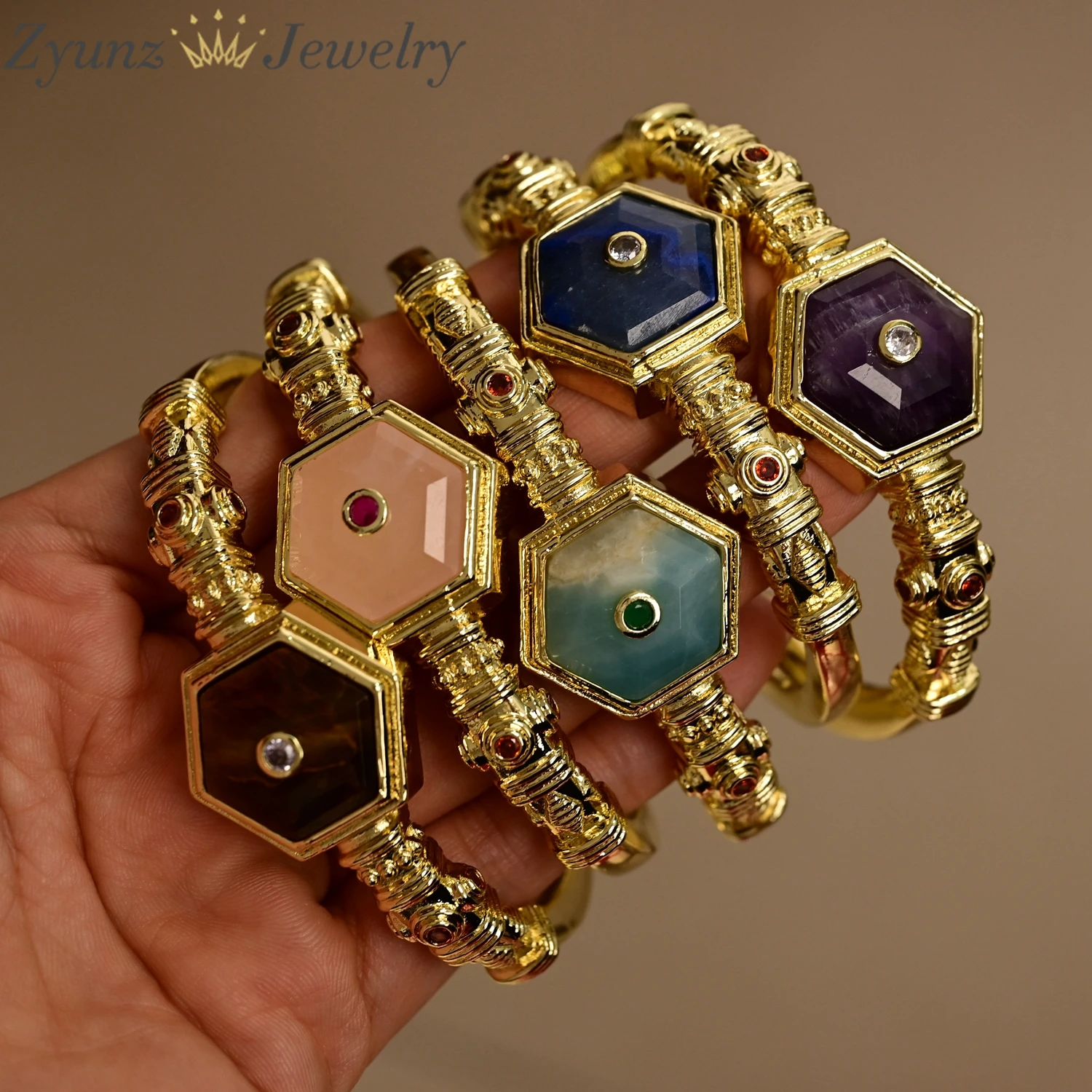 3PCS, Gold Color Plated Natural Purple Rose Quartz Amazonite Lapis Lazuli Stone Bangles Women Jewelry
