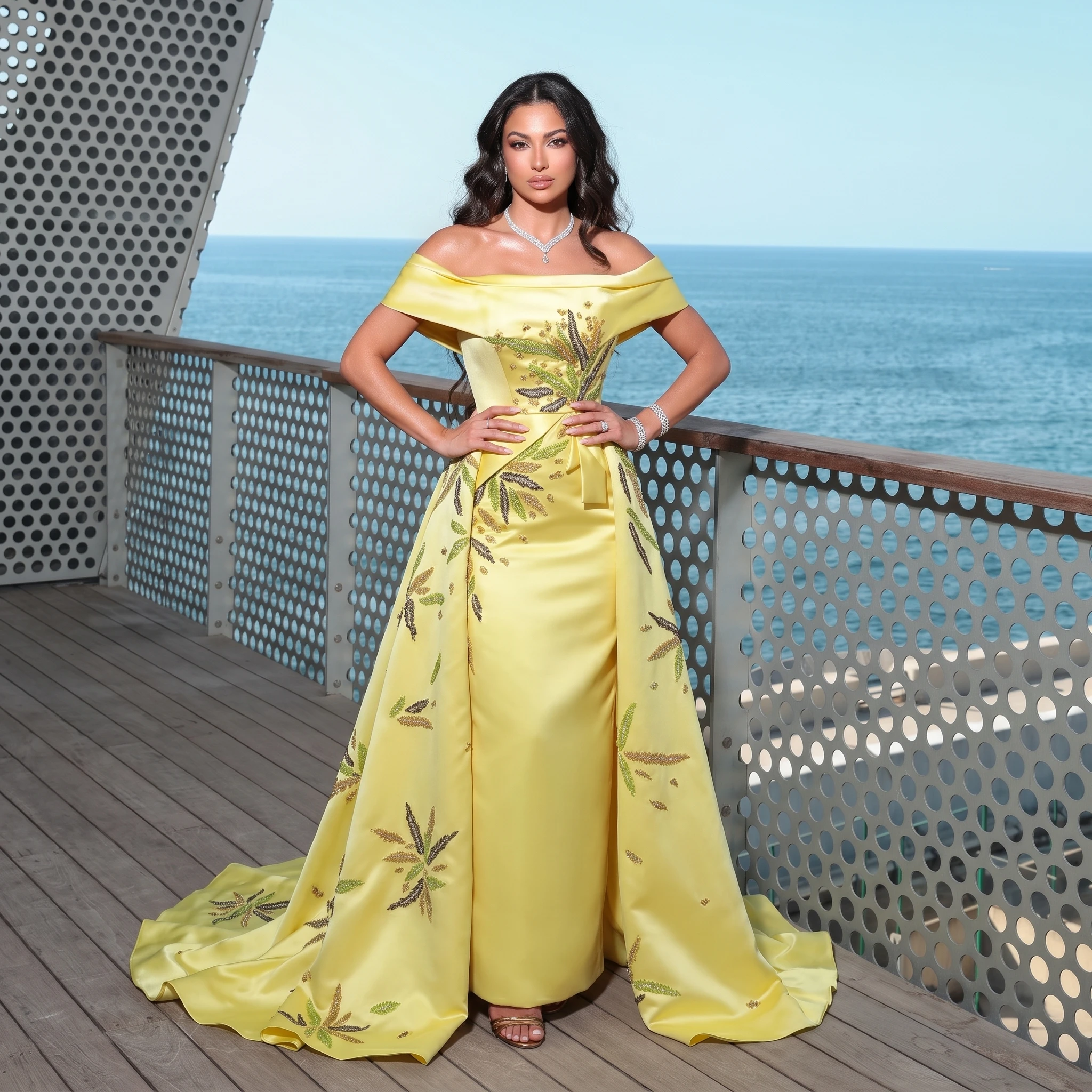 Sharon Said Elegant Off Shoulder Evening Dress with Overskirt Satin Beaded Split Women's Formal Occasion Gowns SS447 Customized