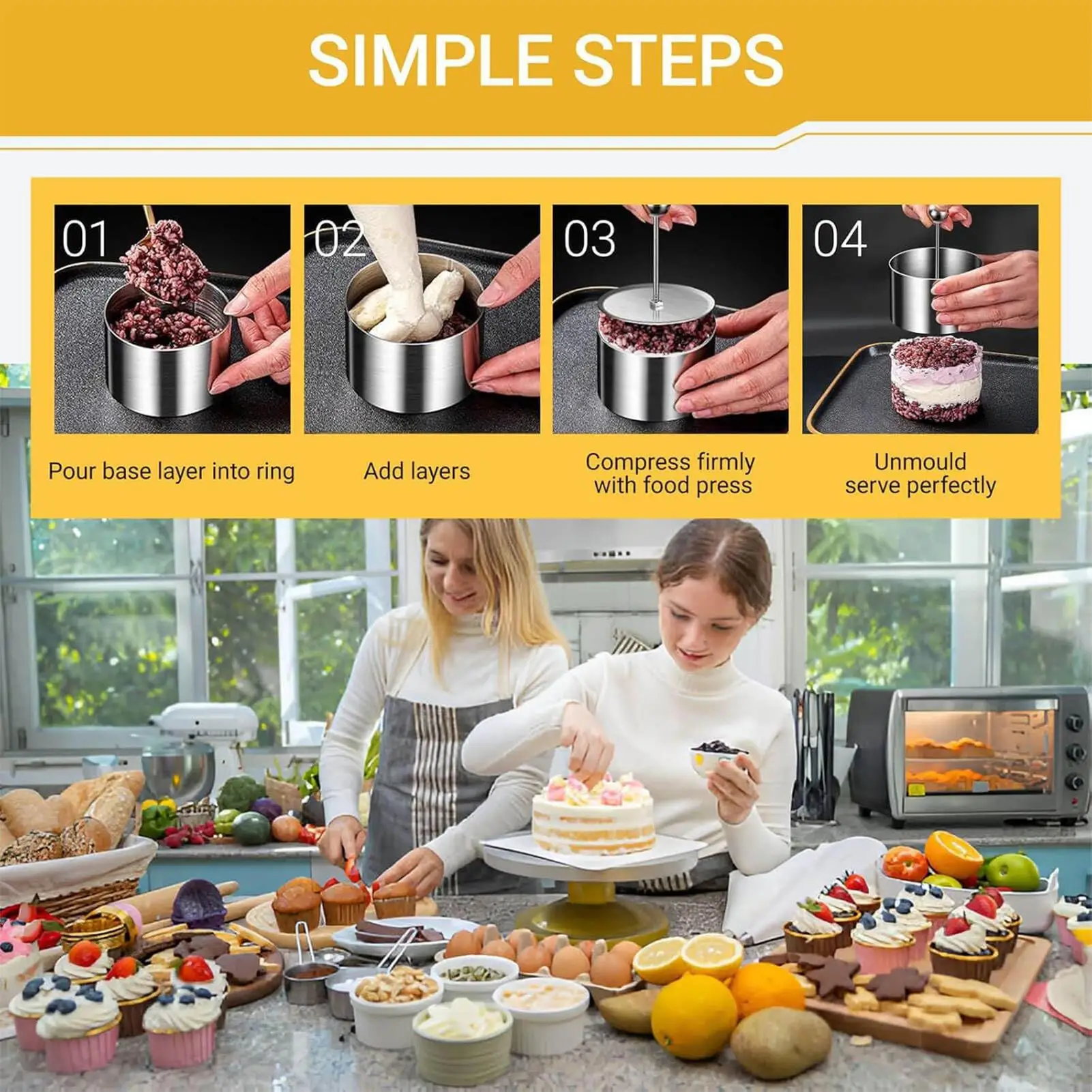 

Кольца для торта для выпечки, набор из 12 предметов из нержавеющей стали с толкателем и подъемником, диаметром 3 дюйма, антипригарные формы для мусса, десерта для духовки