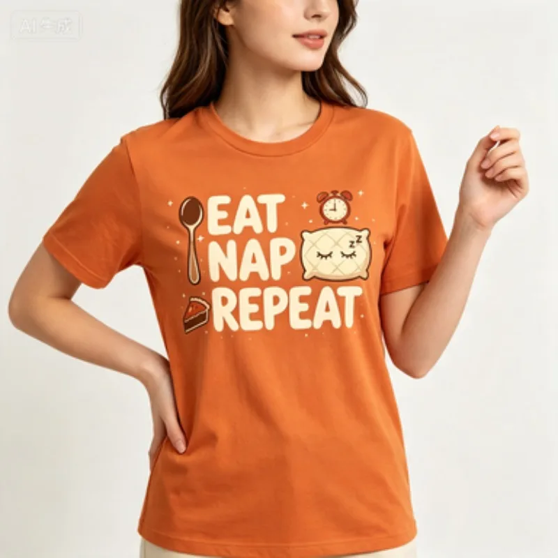 Women Cotton Crew Neck T-Shirt , Cute Food Pillow Clock Print Short Sleeve Tops Casual Lazy Daily Aesthetic Outfit For Ladies