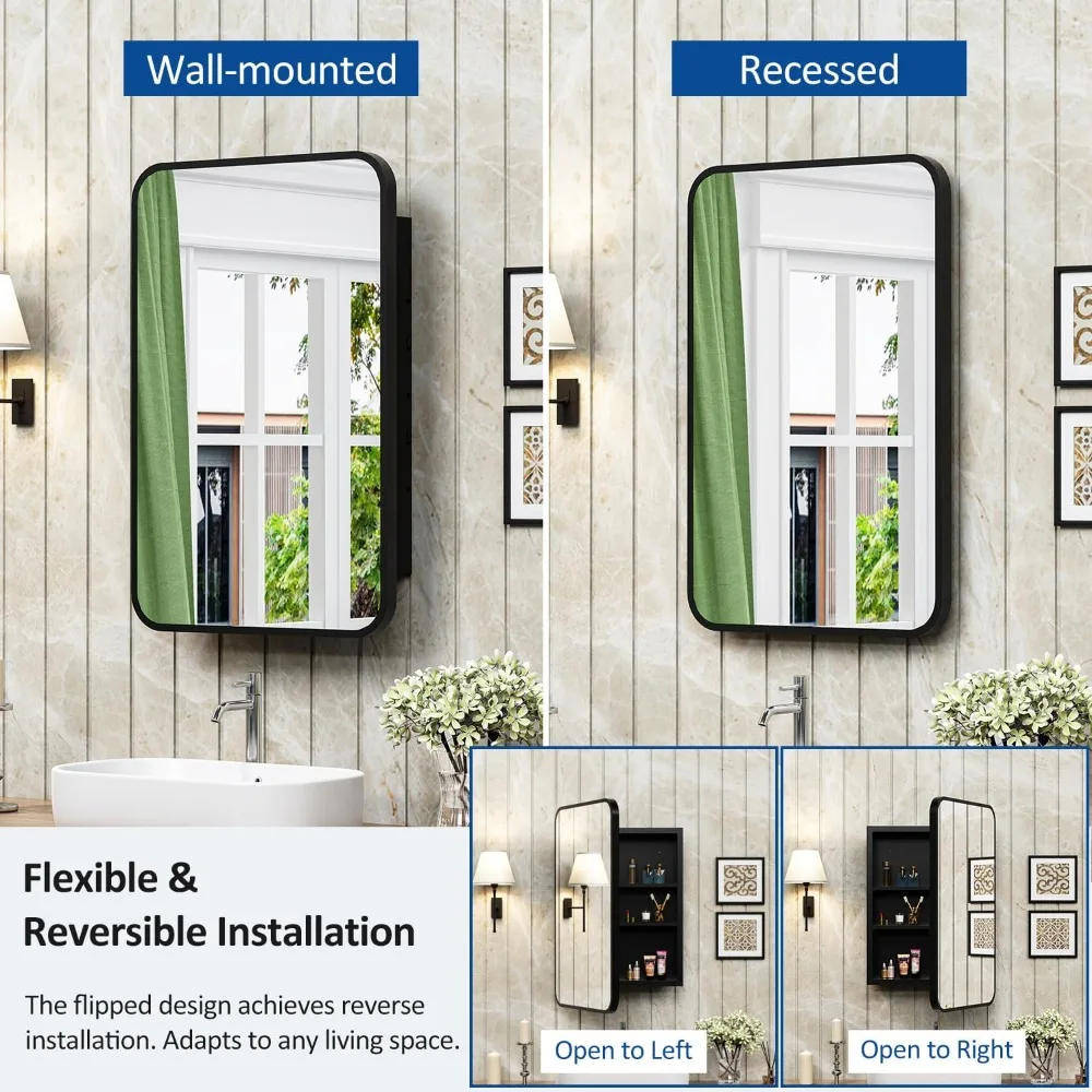 Lemari Obat Dinding Tersembunyi Ukuran 16x24 Inci dengan Cermin & Penyimpanan yang Dapat Disesuaikan - Bingkai Logam Modern untuk Dekorasi Rumah