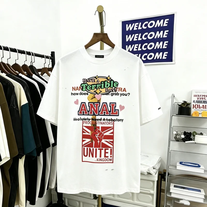 

Ретро-футболка унисекс с американским граффити, свободного кроя, с коротким рукавом, модный хлопковый топ с круглым вырезом и принтом в стиле High Street