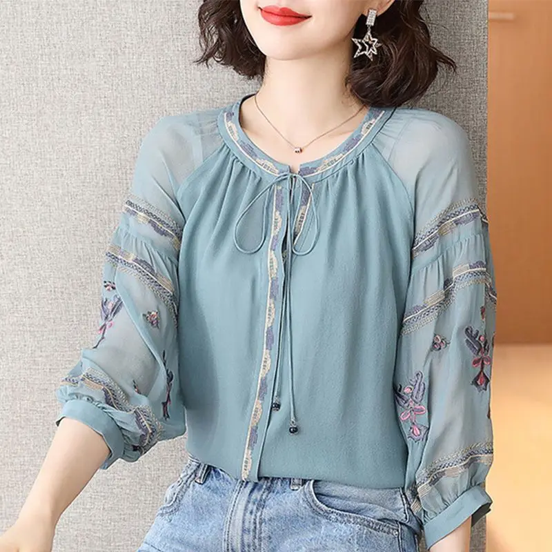 

Spring and Autumn Women's Pullover Round Neck Lace Up Embroidery Solid Color Lantern 3/4 Sleeve Chiffon Tee T-shirt Tops