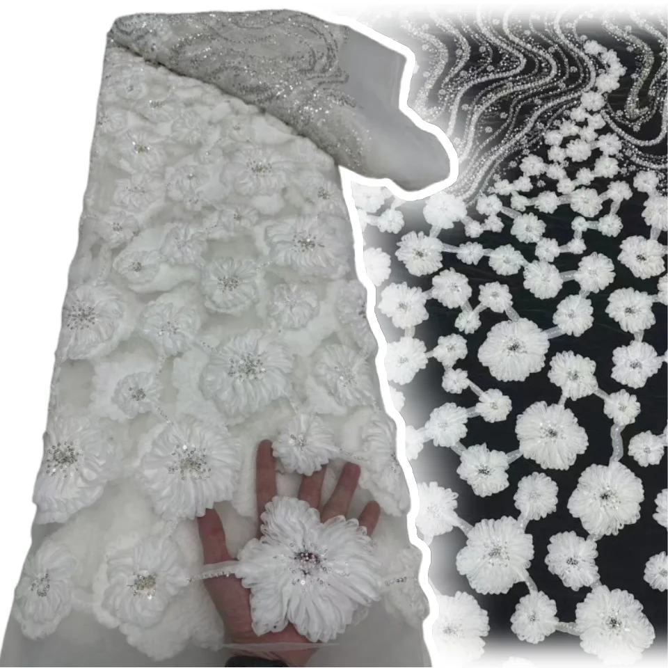 

2026 Luxury 5 Yards High Quality French Heavy Net Sequin Fabric Beaded 3D Lace African Nigerian for Wedding Fabric 1916